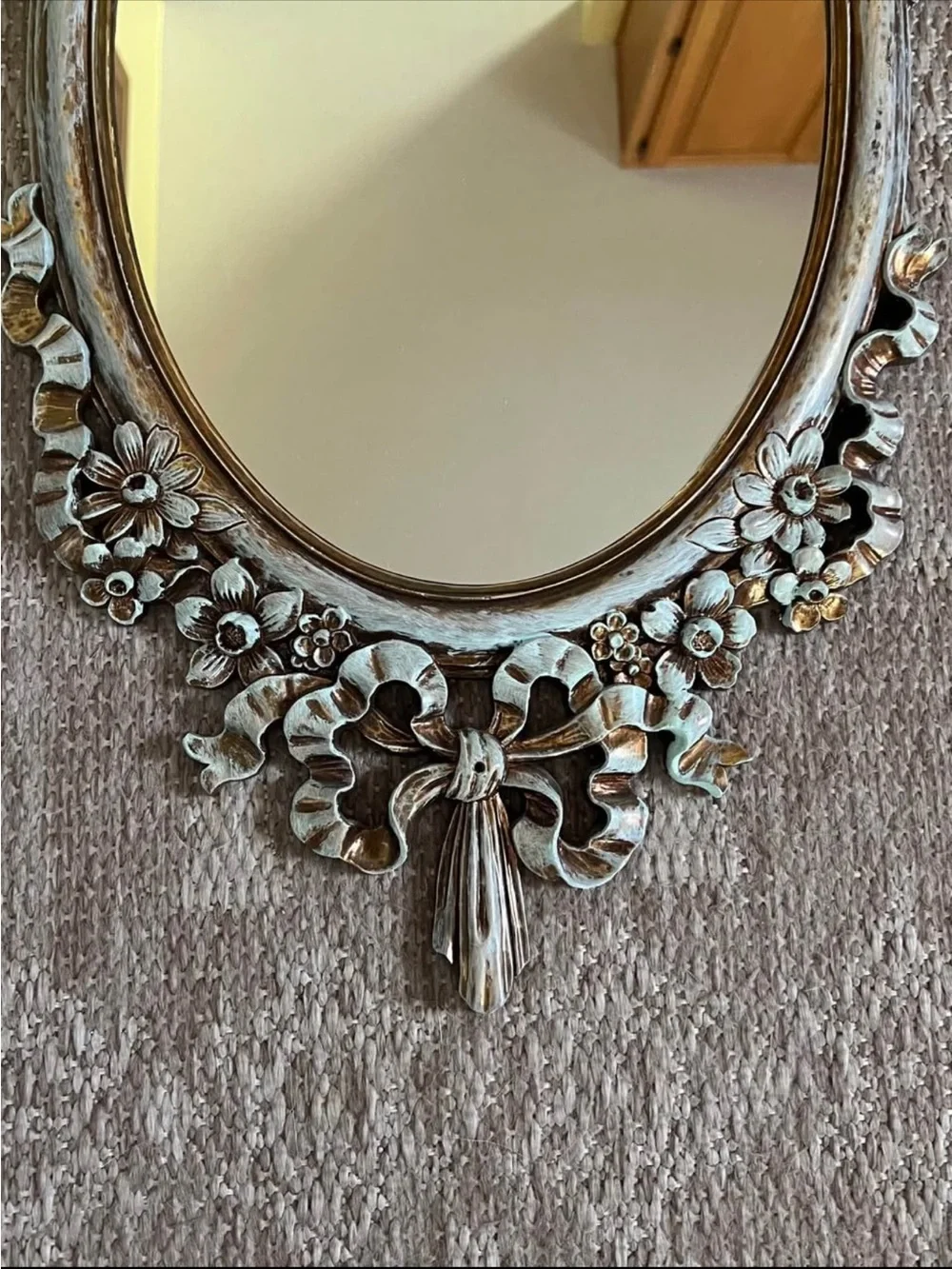 Vintage Syroco Gold Blue Painted Baroque Style Floral Ribbon Oval Wall Mirror